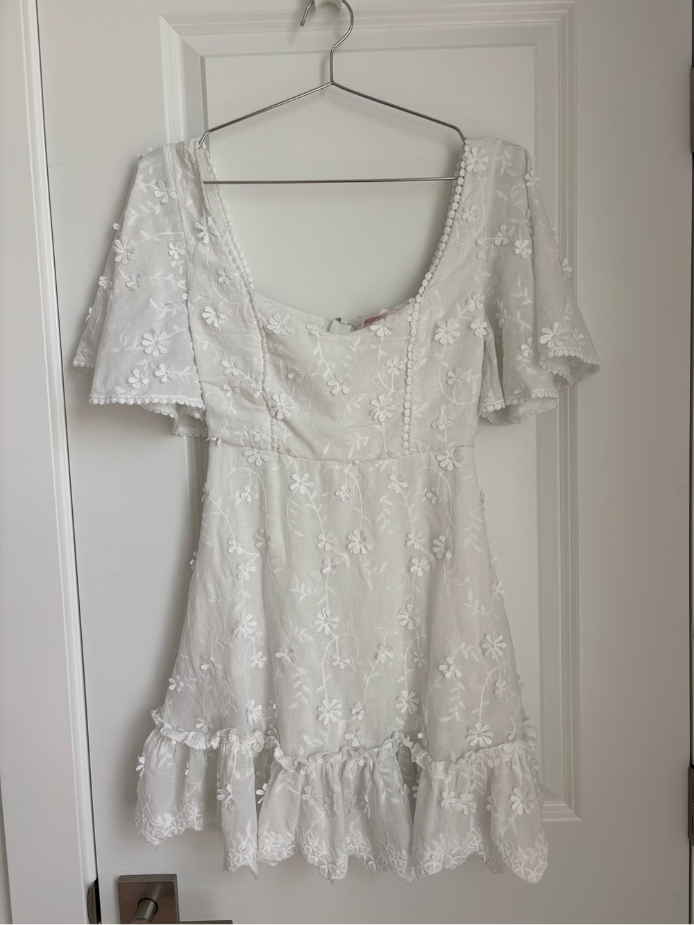 Showpo White Floral Embroidered Ruffle Mini Dress
